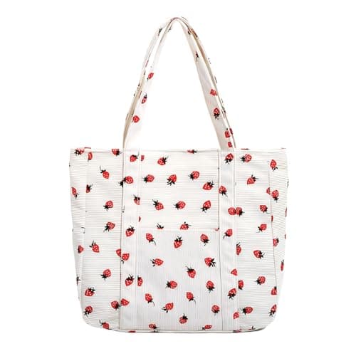 Image of YAMEIZE Strawberry Corduroy Tote Bag for Women Girls Cute Handbags Large Shoulder Bags with Zipper and Pockets for College Work Travel Shopping (White)