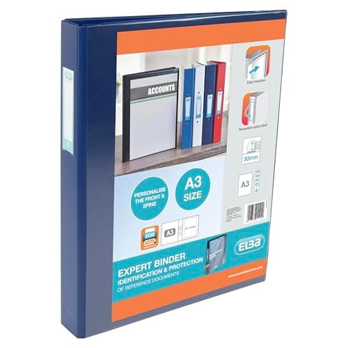 Image of Elba A3 4 D-Ring Binder, 30mm capacity, 35mm spine, Presentation Folder with Customisable Cover, Portrait, Blue (Single)