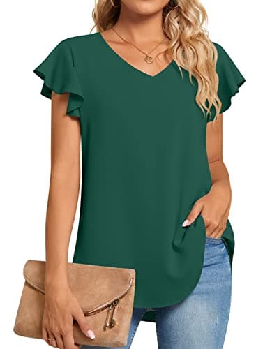 Image of TAOHUADAO Womens Summer Casual Dressy Shirts V Neck Tunic Ruffle Short Sleeve Chiffon Tops Comfy Blouse X-Large, Dark Green