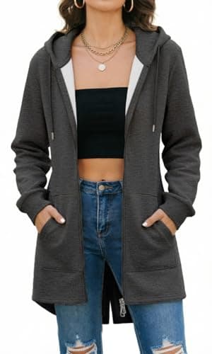 Image of Tuopuda Womens Long Hoodies Zip Up Plain Hoodie Long Sleeves Ladies Fleece Longline Hoodie Sweatshirts Casual Loose Hooded Coat Zipper Plus Size Tops Pullover Jacket with Pockets(Dark Grey,M)