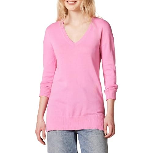 Image of Amazon Essentials Women's Regular Fit Lightweight Long-Sleeved V-Neck Tunic Jumper (Available in Plus Size), Pink, M