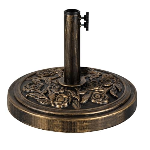 Image of KEPLIN 12kg Cast Iron Effect Parasol Base with Floral Pattern – Heavy Duty Garden Patio Furniture Stand for Umbrella, Canopy, Gazebo, Awning etc. – Diameter 45mm (12, Bronze)