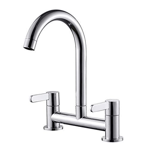 Image of Kitchen Sink Mixer Taps, 2 Hole Kitchen Faucet, 360° Swivel Spout Dual Lever Sink Mixer Tap, Deck Mounted Kitchen Taps, Cold and Hot Mixer Tap, Sink Tap 1/4 Turn with UK Standard Fittings (Chrome)
