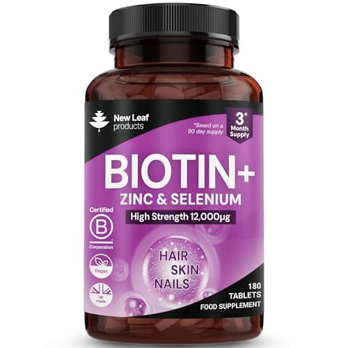 Image of Biotin Hair Growth Vitamins 12,000mcg D-Biotin Tablets Enriched with Zinc & Selenium –Vegan Beauty Hair Skin & Nails Vitamins for Women and Men High Strength - 3 Months Supply UK Made - New Leaf