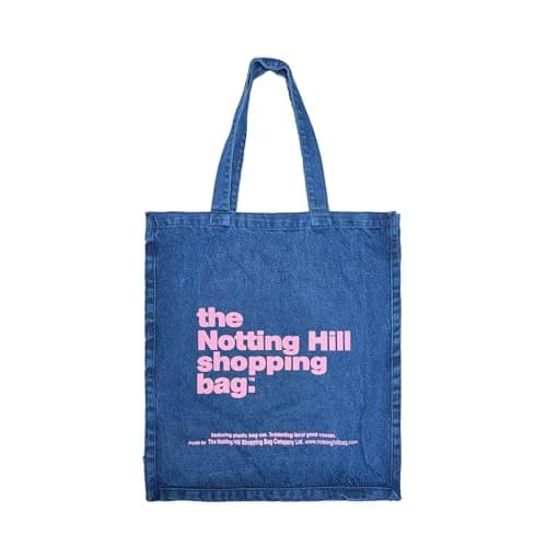 Image of Notting Hill Extra Large Denim Tote Bag – Medium Blue Canvas Shopping Bag with Pink Logo, Reusable Cotton Shoulder Bag for Women, Travel & Groceries