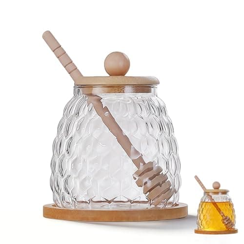 Image of Siocok Glass Honey Pot Honey Jar with Spoon and Lid Glass Honey Equipped with wood Honey Stick And tray, For home kitchens（350ml）