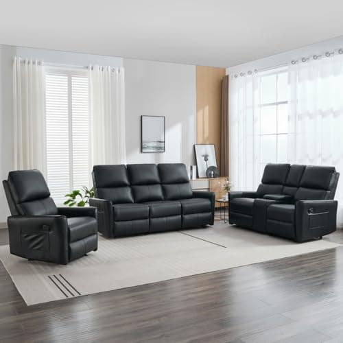 Image of More4Homes MADRID 1+2+3 SEATER w CONSOLE MANUAL RECLINER AIR LEATHER SOFA SET (Black)