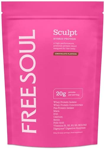 Image of Free Soul Sculpt Protein Powder | 20g Protein | Hybrid Whey Protein | with Maca, Iron, Calcium, Biotin, B Vitamins & Digestive Enzymes | Chocolate Flavour | 20 Servings