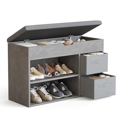 Image of Mondeer Shoe Bench with Seat, Shoes Storage Rack Wooden with Fabric Drawer and Hinged Flip Top Cushion for Living Room Hallway Cloakroom Entryway, 80 x 48 x 30 cm (Grey)