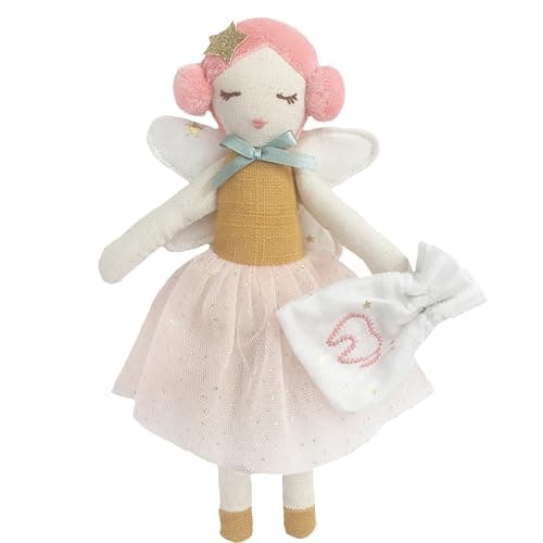 Image of MON AMI Tooth Fairy 10-Inch Stuffed Doll for Girls | Soft Plush Toy with Gold String Tooth Pouch | Keepsake Companion for Tooth Traditions | Nursery Décor | Plush Gift for All Ages