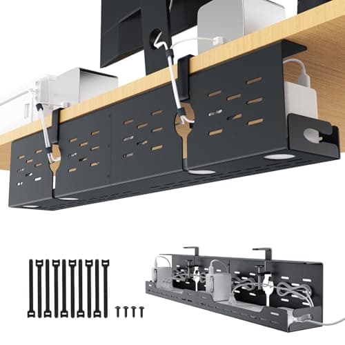 Image of Univivi Under Desk Cable Management Tray, 32" Steel Cord Desk Cable Tidy Tray, No-Drill C-Clamp & Screw Mount, Flexible Desk Organiser for Office and Home(Black)