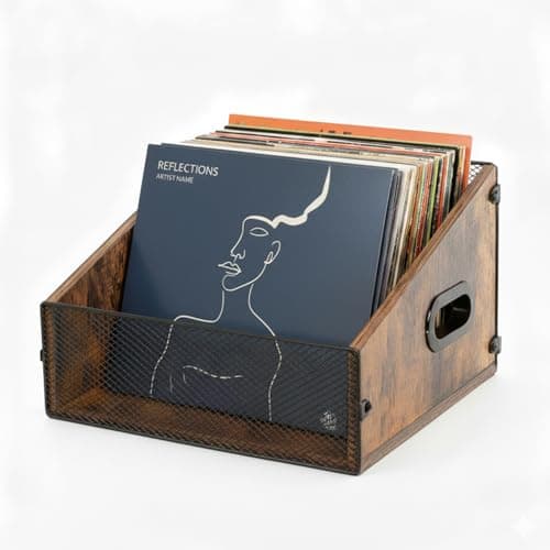 Image of Kryntex Vinyl Record Storage Crate Trapezoid LP Holder with Handles, Wood & Metal Rustic Desktop Album Organiser Box for 12” Records, A4 File Storage & Books, Vintage Brown