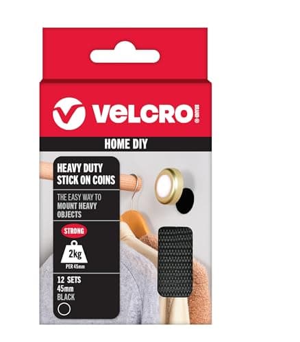 Image of VELCRO Brand | Heavy Duty Stick On Coins | Industrial Strength Hook & Loop Self Adhesive Sticky Coins | Perfect for Room Décor & Home Office Garage Use | Black | 45mm x 45 mm | Pack of 12