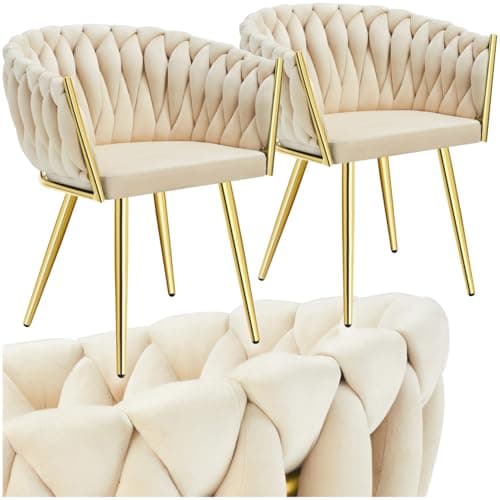 Image of tectake® Set of 2 Dining Chairs with Velvet-Look Covers & Knot Design, Armchair Set with Sturdy Steel Legs & Soft Padding - Accent Chair Set for Dining Room, Kitchen & Living Room - Sand/Gold