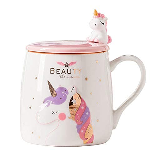 Image of BigNoseDeer Cute Ceramic Coffee Mug with Unicorn Spoon, Morning Cup Novelty Tea Milk Christmas Mug Gift for Unicorn Lovers Girls 380ML (Pink)