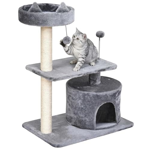Image of PawHut Cat Tree for Indoor Cats with Scratching Post Climbing Tower Kitty Activity Center Condo Perch Jumping Platforms Grey 61L x 41W x 81H cm