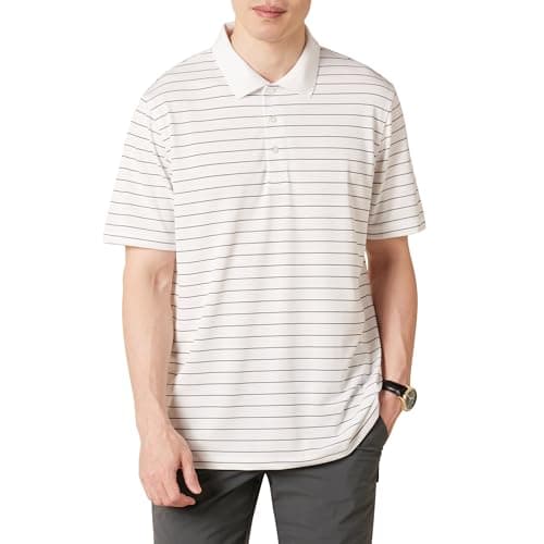 Image of Amazon Essentials Men's Golf Polo Shirt, Moisture-Wicking Quick Dry, Short Sleeve, Black White Thin Stripe, XS