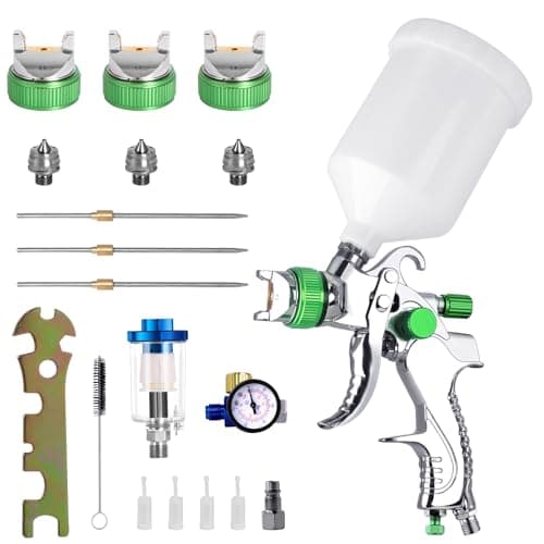 Image of HVLP Spray Gun, paint sprayer with 600ml Cup, 1.4/1.7/2.0mm Nozzles, Automotive Spray Gun Kit With Air Pressure Regulator and Filter for Cars & DIY Painting(Green)