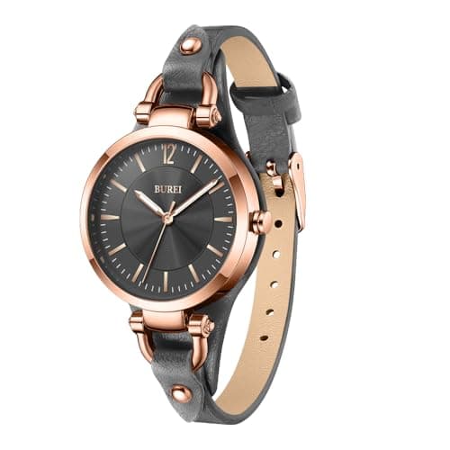 Image of BUREI Women's Classic Analogue Quartz Watch, Black Leather Strap, Round Face with Date Display (Rose red)