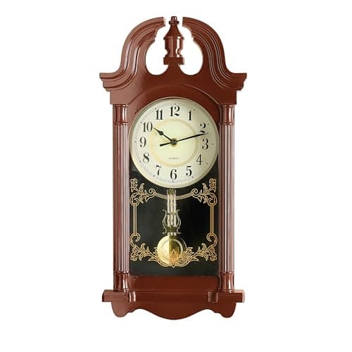 Image of Coopers of Stortford - Grandfather Style Wall Pendulum Clock - Silent Battery Operated Vintage Mahogany Effect Clock with Moving Pendulum