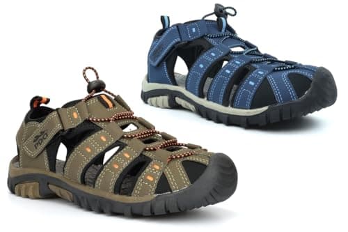 Image of Boys Trail Sandals Boys Walking Sandals Girls Closed Toe Sandal Womens Hiking Sandal Trekking Touch Fastening Sizes 3/4/5/6 Taupe/Navy Blue 5 UK