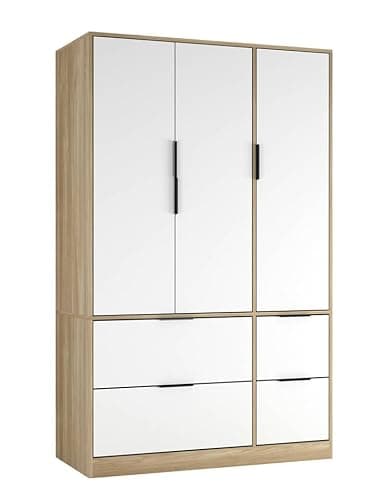 Image of URBNLIVING 3 Door Wardrobe with 4 Drawers – Wooden Bedroom Storage Cupboard with Hanging Rail for Clothes - Oak Unit & White Doors & Drawers