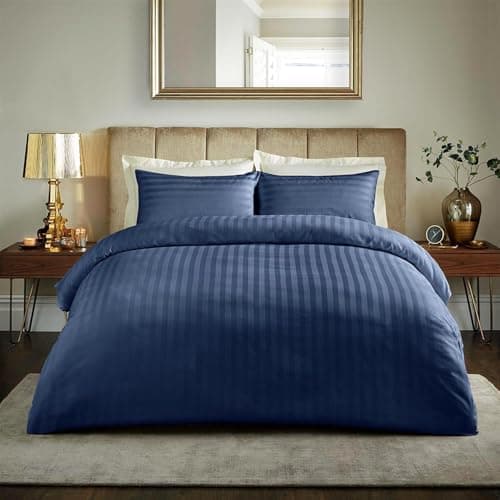 Image of 800TC King Size Duvet Cover Set Cotton Rich Satin Stripe Navy Blue Quilt Cover with Housewife Pillowcases – Super Soft Bedding & Linen for a Home or Hotel Machine Washable