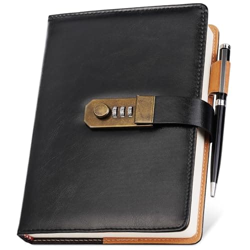 Image of Nicpro Diary with Lock, A5 PU Leather Journal with Lock, Metal Pen, 260 Pages Password Notebook for Men and Women, Vintage Lock Daily Journal for Travel, Note Take, Plans, Organize (10 x 7 in)
