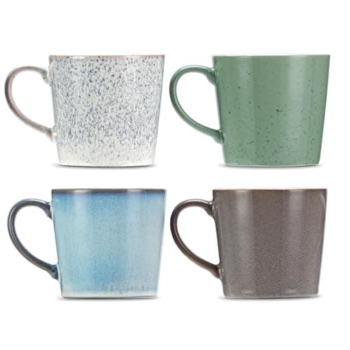 Image of UNIQUE HOME LIVING Stoneware Coffee Mug Set of 4, 12oz Reactive Glaze Coffee Cups, Speckle Design Stoneware Mug Set for Milk Hot Cocoa Latte Tea Cups with Handle, Microwave and Dishwasher Safe, Erne