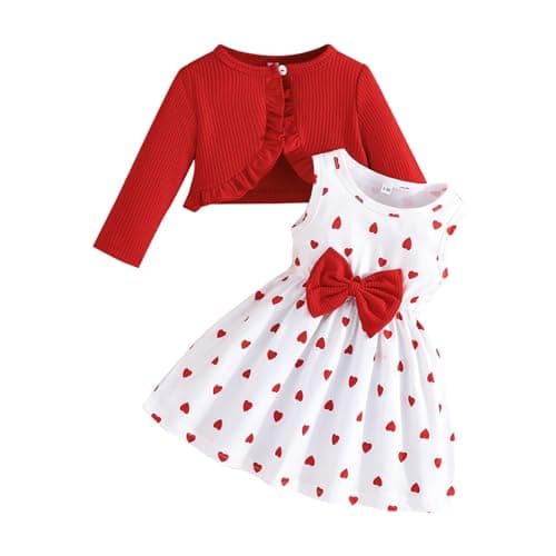 Image of Kids Girls Dress and Cardigan Set Butterfly Floral Sleeveless Tank Sundress Solid Ruffle Coat Baby Girl Winter Outfit Toddler Winter Clothes (Red, 2-3 Years)
