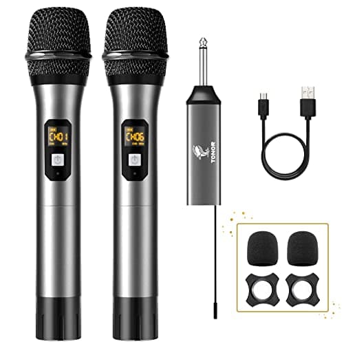 Image of TONOR TW630 Wireless Microphone, UHF Dual Cordless Metal Dynamic Mic System with Rechargeable Receiver, for Karaoke Singing, Wedding, DJ, Party, Speech, Church, Class Use, 60 m,Silver