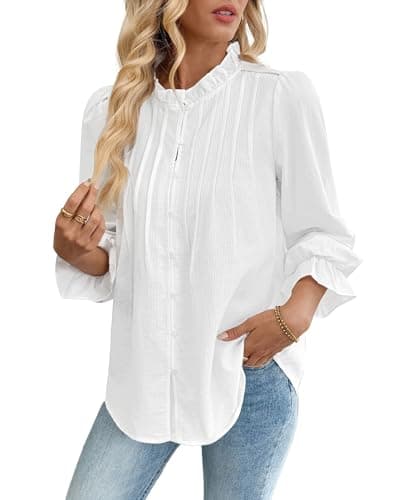 Image of Bsubseach Women Puff Long Sleeve Shirt Textured Button Down Cotton Work Blouse Eyelet Ruffle Collar Dressy Casual Tops White XL
