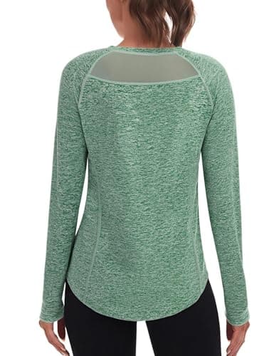 Image of Wayleb Womens Soft Long Sleeve Shirt with Mesh Back Gym Running Activewear Breathable Ladies Casual Sun Protection Tshirts Green S-XXL