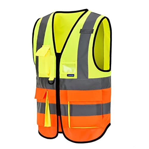 Image of Yellow Orange hi vis jacket high viz Class 2 hi vis Zipper Front High Visibility vest Hi Vis Executive Vest Waistcoat with Phone & ID Pockets
