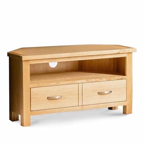 Image of RoselandFurniture London Oak Corner TV Unit | 90 cm Solid Wood Light Oak Television Cabinet Stand Suitable for TVs up to 40 inches for Living Room or Bedroom, Fully Assembled
