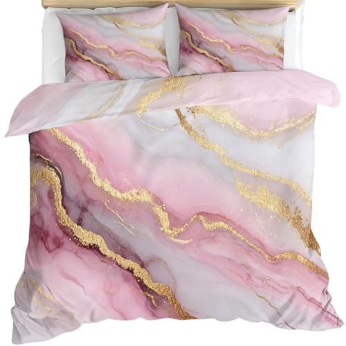 Image of YEMYOR Pink Marble Comforter Cover, Pink Gold Marble Duvet Cover Double 200x200 cm, Girls Bedding Set with 2 Pillowcases