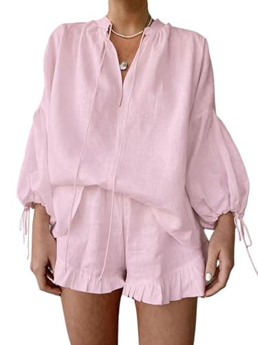 Image of Felcia Women's Summer Shorts Outfits Long Sleeve Tie-Up V-Neck Shirts Tops Elastic Waist Shorts 2 Pieces Clothes Set (A-Pink, L)