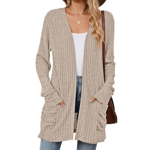 Image of Famulily Women's Cosy Long Cardigans with Pockets Loose Open Front Sweater Cardigan Coat for Ladies (XXL, Khaki)