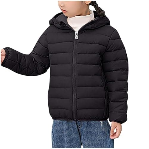 Image of AMhomely Kids Quilted Coat-Winter Lightweight Padded Jacket with Hood Pocket,Full Zip,Windproof,Winter Warm Quilted Coats for Boys Girls Teens,Outdoor School A Black 14-16 Years