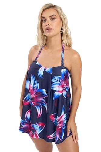 Image of Yours Curve Blue Floral Print Tankini Top - Women's - Plus Size Curve