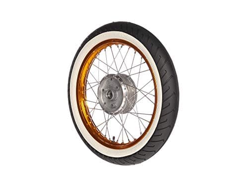 Image of Complete wheel - front - 1.5x16 inch - alloy rim orange anodized and polished, stainless steel spokes - MITAS - MC2 whitewall tires mounted