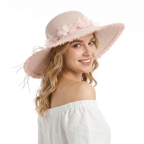Image of LY4U Women's Wide Brim Floppy Sun Hat UPF 50+ with Lace Flower, Foldable UV Protection Beach Hat for Travel, Summer Outdoor Pink