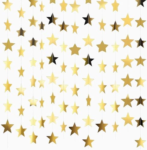 Image of 26 Feet Reflective Star Paper Garland - Sparkling Star Bunting Banner Hanging Decoration,Sparkling Bunting Banner - for Birthday Holiday Wedding Anniversary Theme Party Supplies (gold)