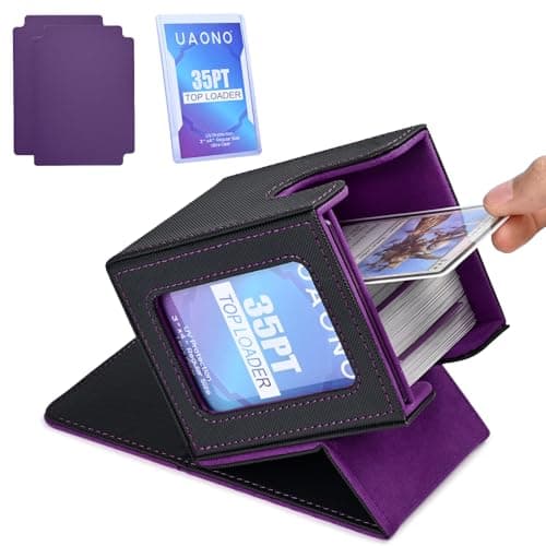 Image of UAONO Card Deck Box with MTG Commander Display, Patented Design Card Deck Case Holds 100+ Double-Sleeved Cards, PU Leather Cards Storage Box For TCG with 2 Dividers, 1 Top Loader (Black&Purple)