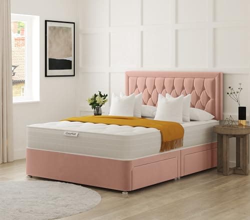 Image of COZY HUB LTD Hilton Florida Divan Bed with 10 Inch Ortho Tufted Mattress & Plush Velvet Headboard – Luxury Divan Set with Drawer Storage Options. (Pink, 4Ft6-2 Drawers)