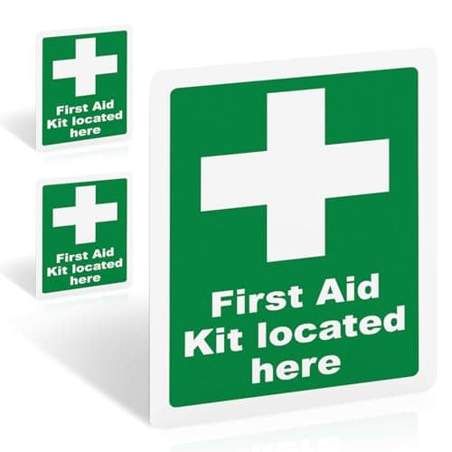Image of 3 Pack First Aid Kit Located Here Sign 200mm x 150mm – Self-Adhesive Vinyl Safety Stickers for Indoor Outdoor Use, UV Matte Finish, BS 5499 Compliant Emergency Labels