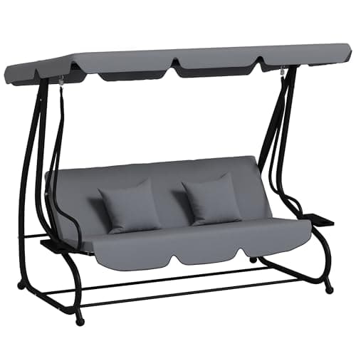 Image of Outsunny 2-in-1 Garden Swing Seat Bed, 3 Seater Convertible Swing Chair Bench with Tilting Canopy, Cushioned Seat and 2 Pillows for Patio, Garden, Dark Grey
