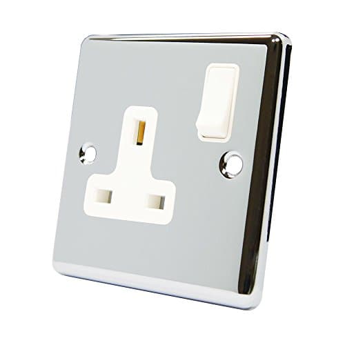 Image of AET CPC1GSOCWH 13 A 1-Gang Polished Chrome Classical Single Plug Socket with White Insert Plastic Rocker Switch