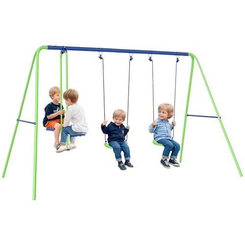 Image of Outsunny Kids Swing Set, Metal Garden Swing Set with 2 Seats, Glider, Heavy Duty A-Frame, Outdoor Children Playground for 3+ Years Old, Green