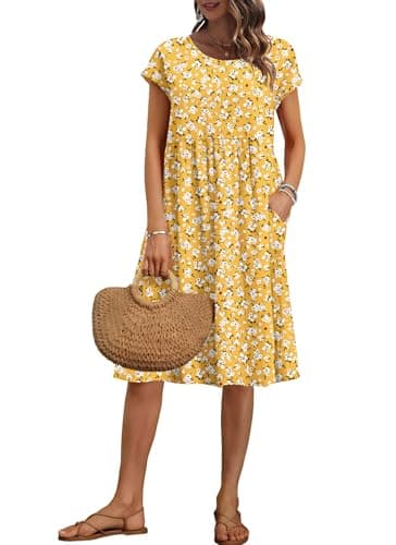 Image of AUSELILY Women's Summer Short Sleeve Knee-Length Dresses Round Neck Loose Dress with Pockets Yellow Flowers M
